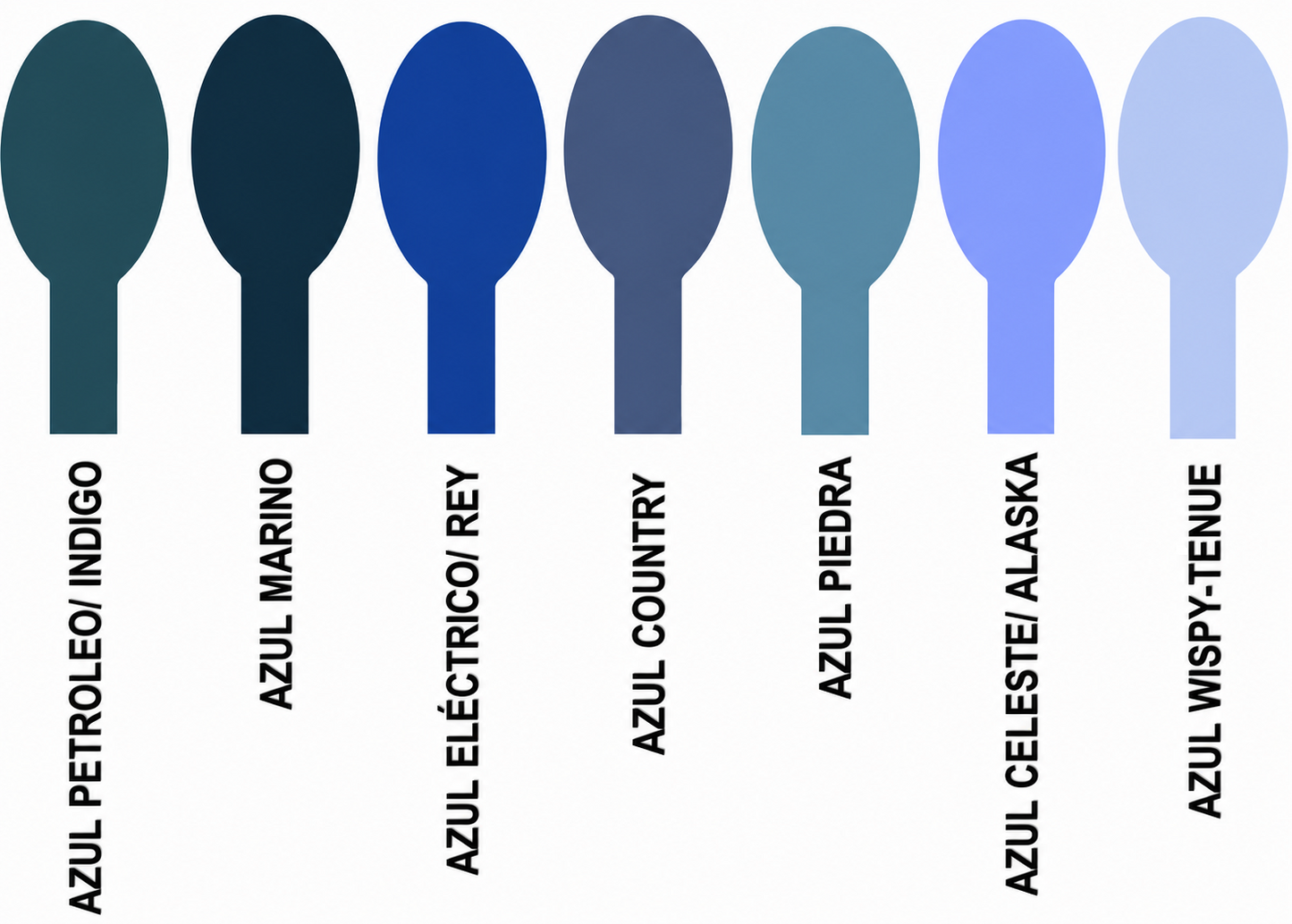 Tonos Azules (Petróleo/Indigo, Marino, Eléctrico/Rey, Country, Piedra, Celeste/Alaska, Wispy tenue)