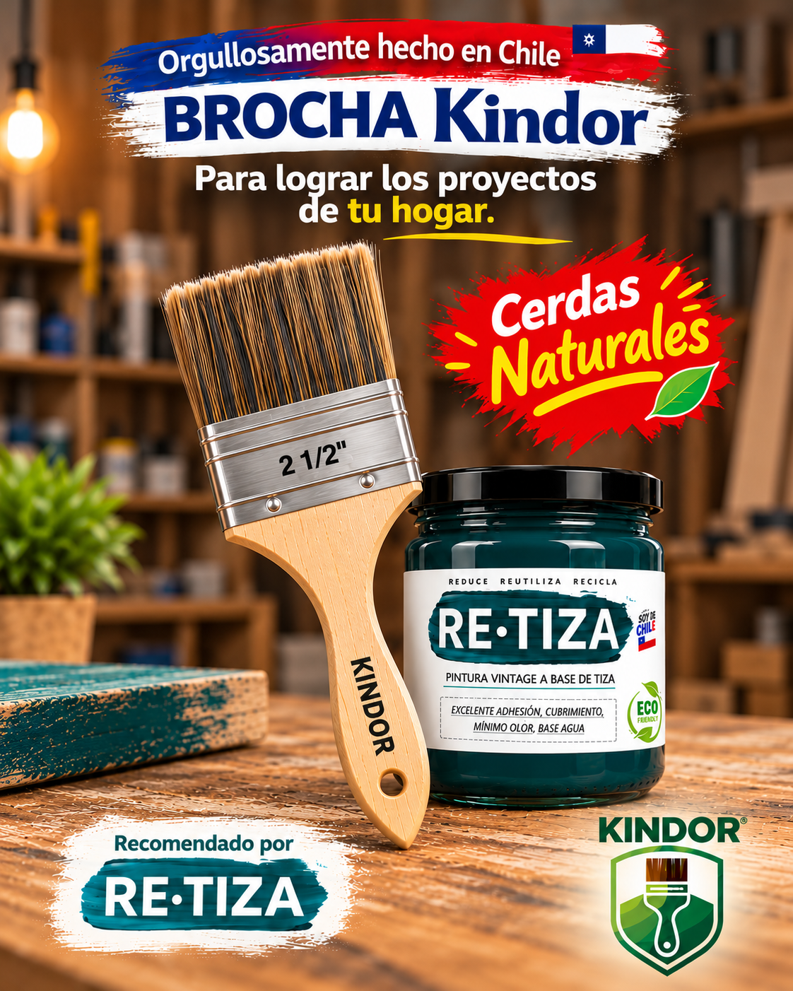 Brochas Kindor  de 2 1/2' pulgadas, de cerdas 100% Naturales