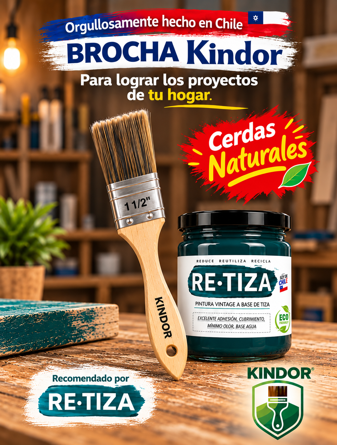 Brochas Kindor  de 1 1/2' pulgadas, de cerdas 100% Naturales