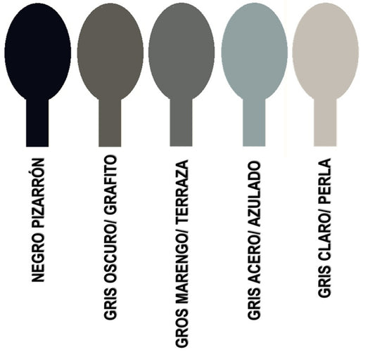 Tono Negro y Grises (Negro Pizarrón, Gris: Grafito, Marengo, Acero y Perla)