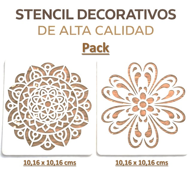 Plantilla- Stencil  Pack de 2, modelo Mandala 10,16 x 10,16 cms.