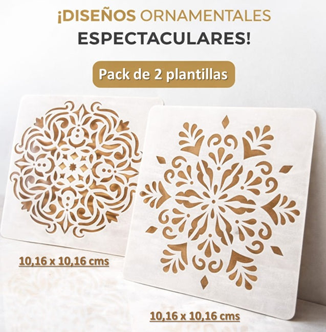 Plantilla- Stencil  Pack de 2, modelo Mandala 10,16 x 10,16 cms.