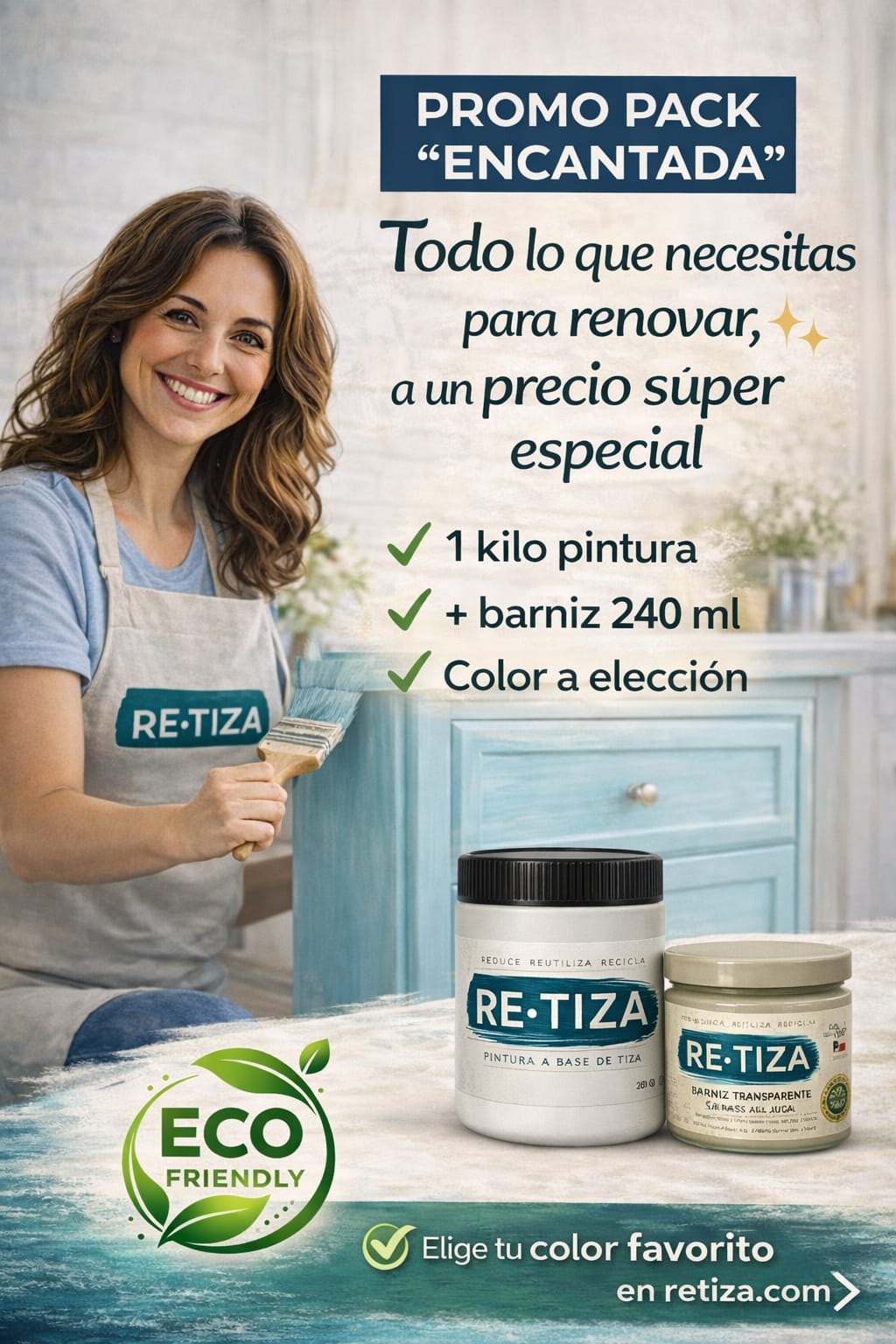✔️.PROMO PACK "ENCANTADA": Pintura 1 Kilo de pintura más Barniz Transparente de 240 ml.